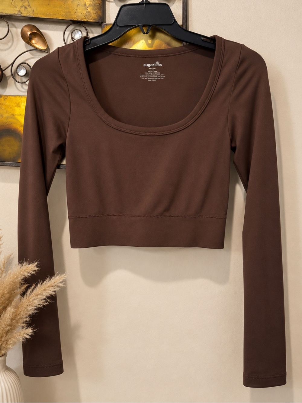 Sugarlips Chocolate Brown Long Sleeve Scoop Crop Top